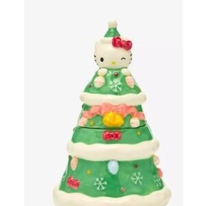 Hello Kitty Christmas Tree Cookie Jar Ceramic‎ 2 Piece Green Holiday New